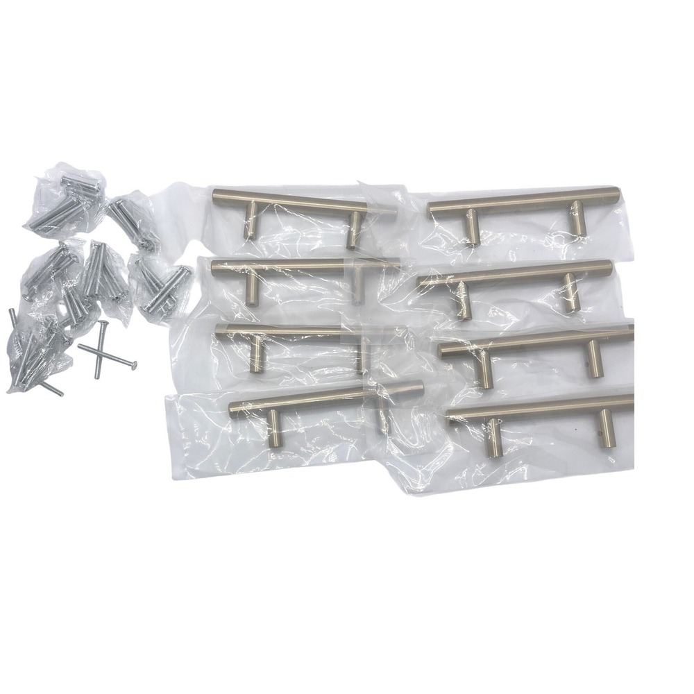 Brushed Brass Cabinet Drawer Pulls Handles‎ Bar Style set of 8 w/Screws 3" holes